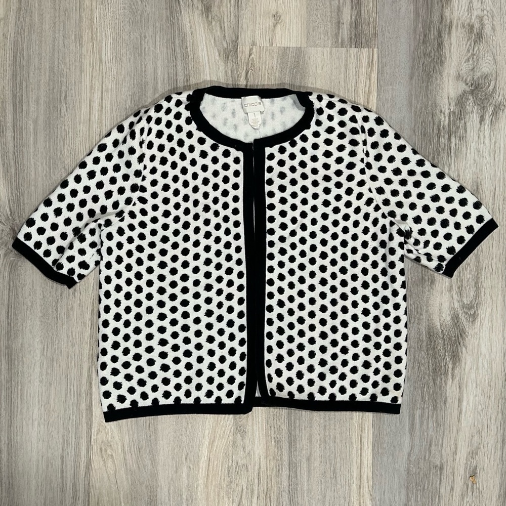 Chicos Black White Polka Dot Open Front Short Sleeve Cardigan Sweater Size 1 M